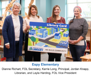 Dianne Richart, FOL Secretary, Karrie Long, Principal, Jordan Knapp, Librarian, and Layla Harding, FOL Vice President